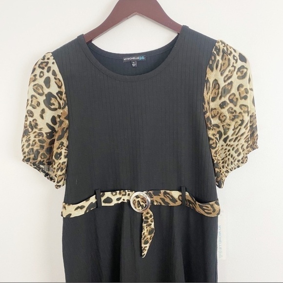 My Michelle Girls Black Ribbed Leopard Print Short Puff Sleeve Dress Sz 14 NEW - Picture 5 of 9